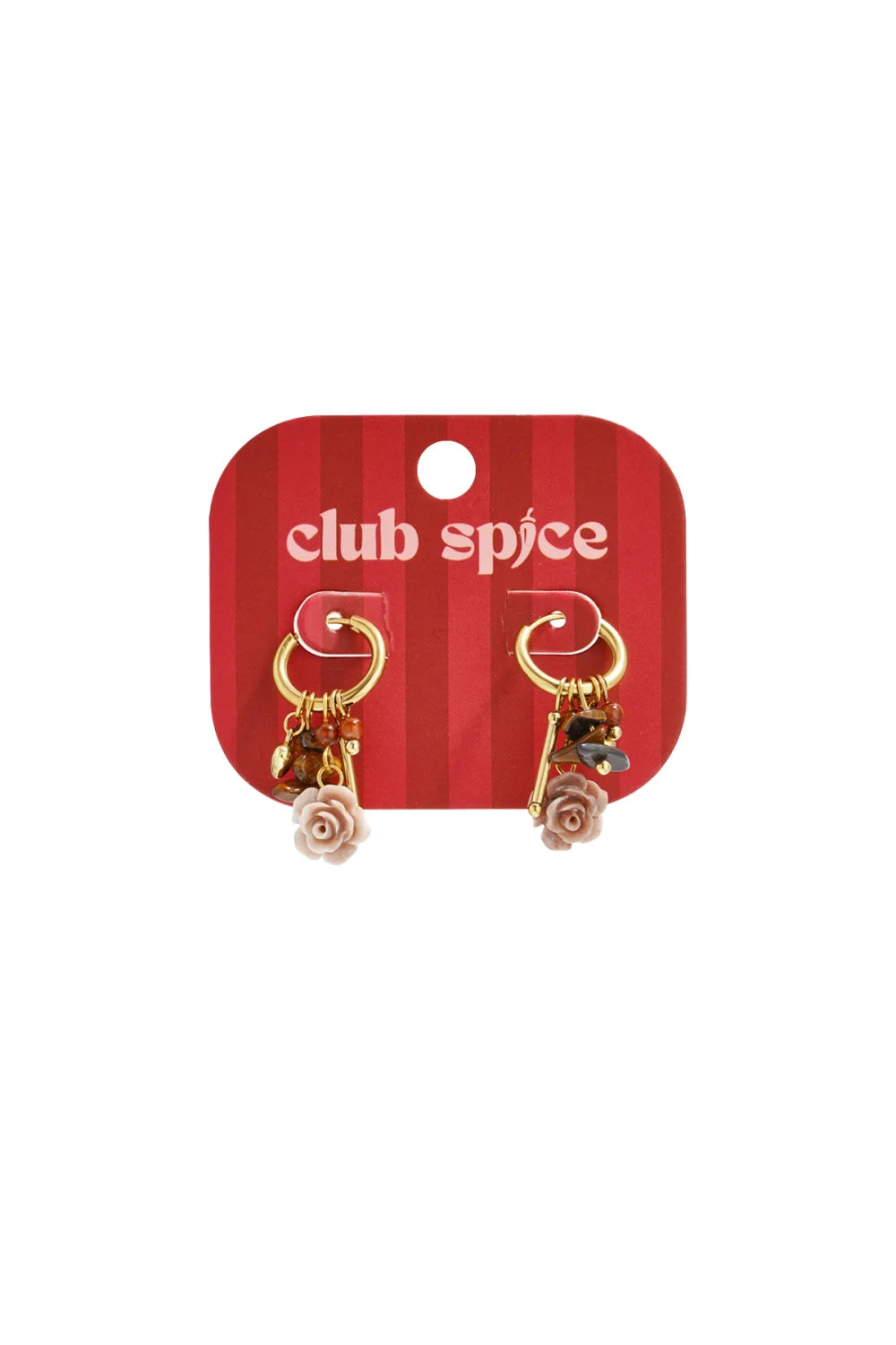 Gold Hoop Earrings with Rose Charm, Tiger Eye Stones and Heart Pendant