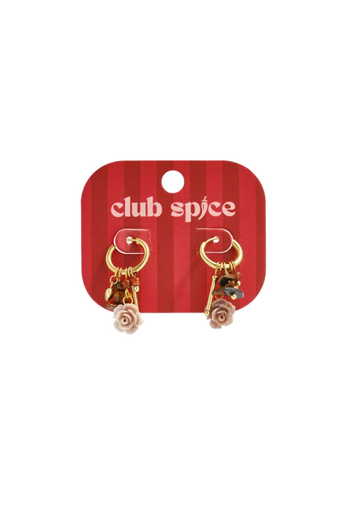 Gold Hoop Earrings with Rose Charm, Tiger Eye Stones and Heart Pendant