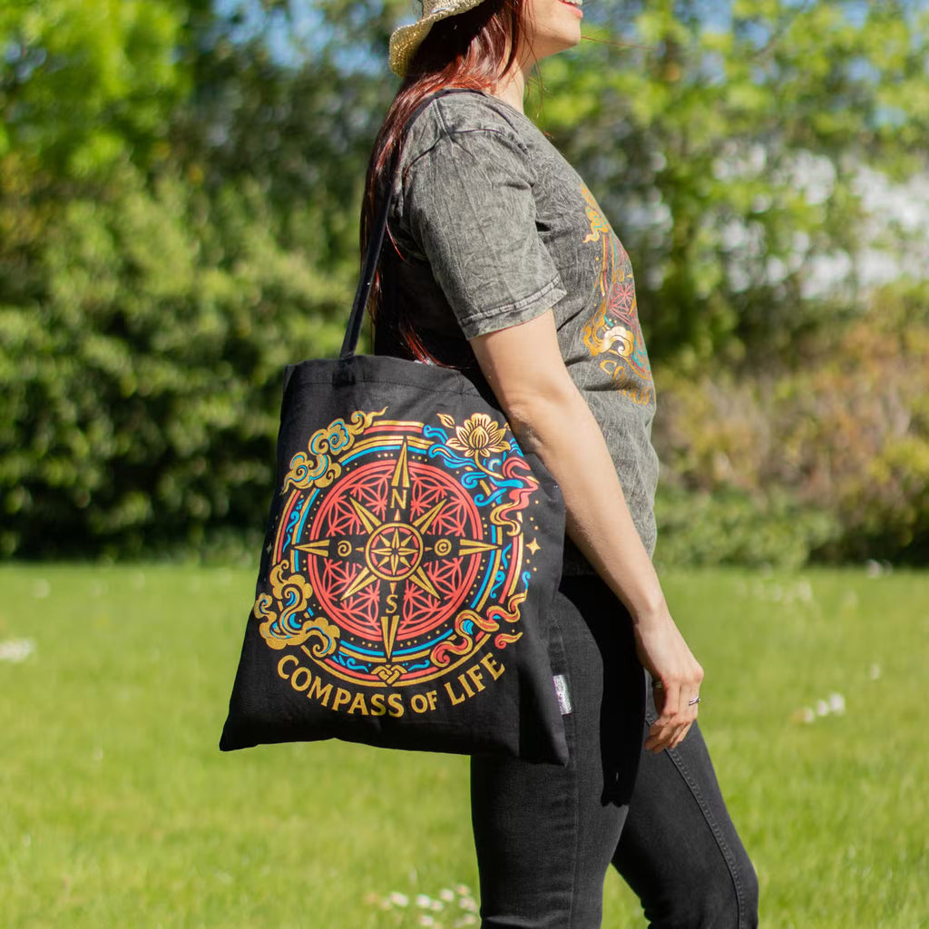 Tote Bag - Compass of Life - Black 6oz
