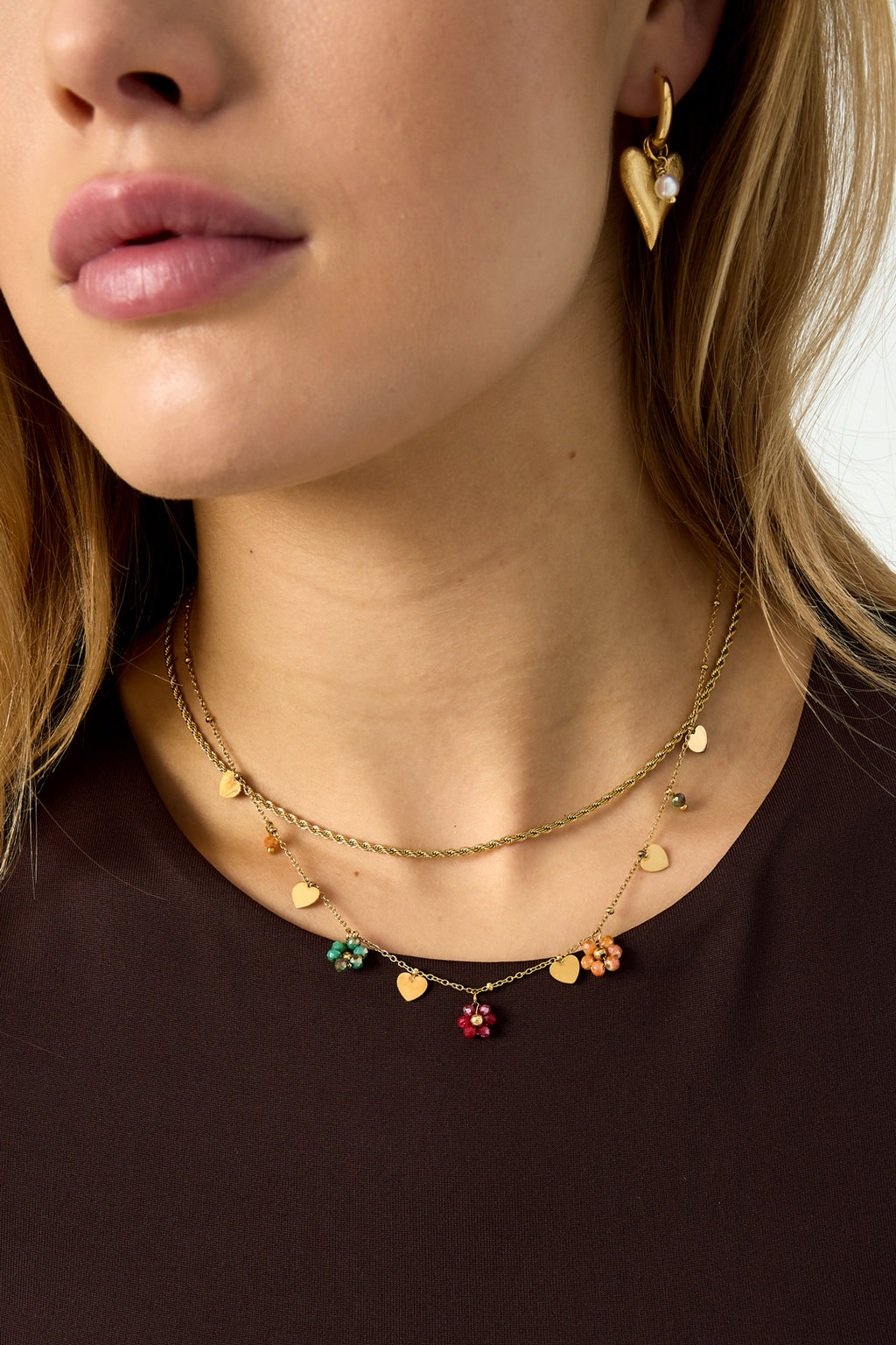 Stainless Steel Necklace - Flower & Heart Charms - Multicolour
