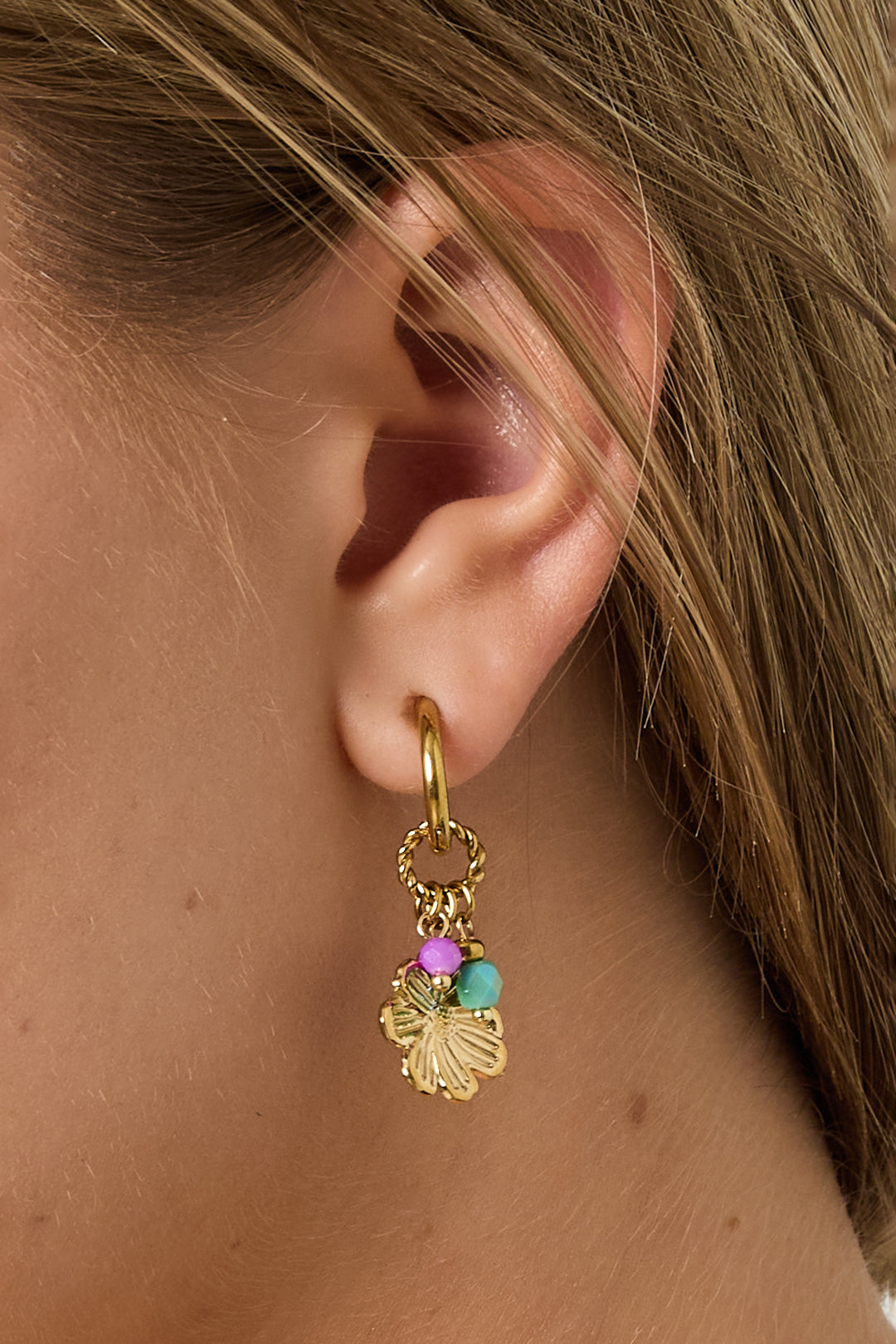 Gold Hoop Earrings with Gold Flower Charm and Crystal Beads