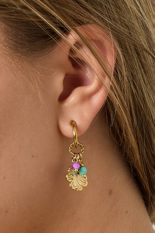 Gold Hoop Earrings with Gold Flower Charm and Crystal Beads