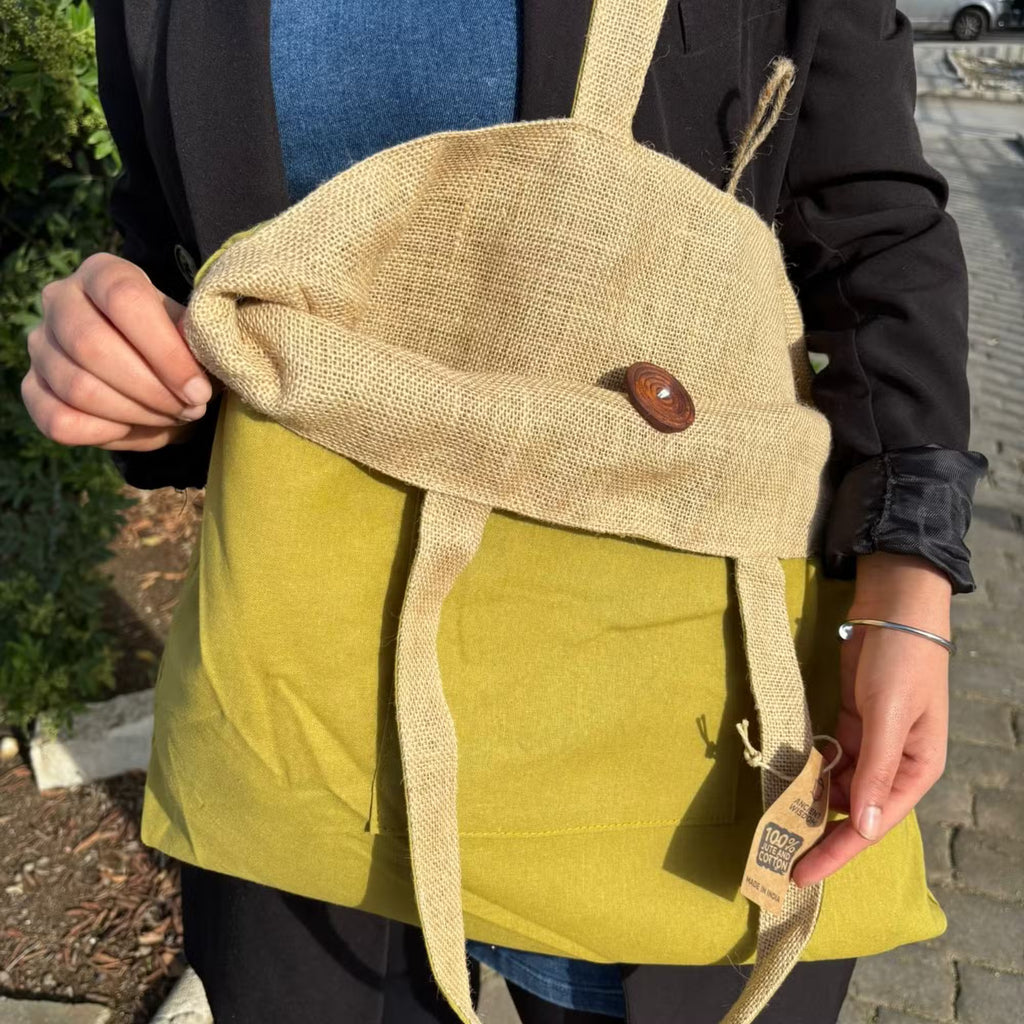 Reversible Tote Bag in Jute & Cotton – Pistachio Green