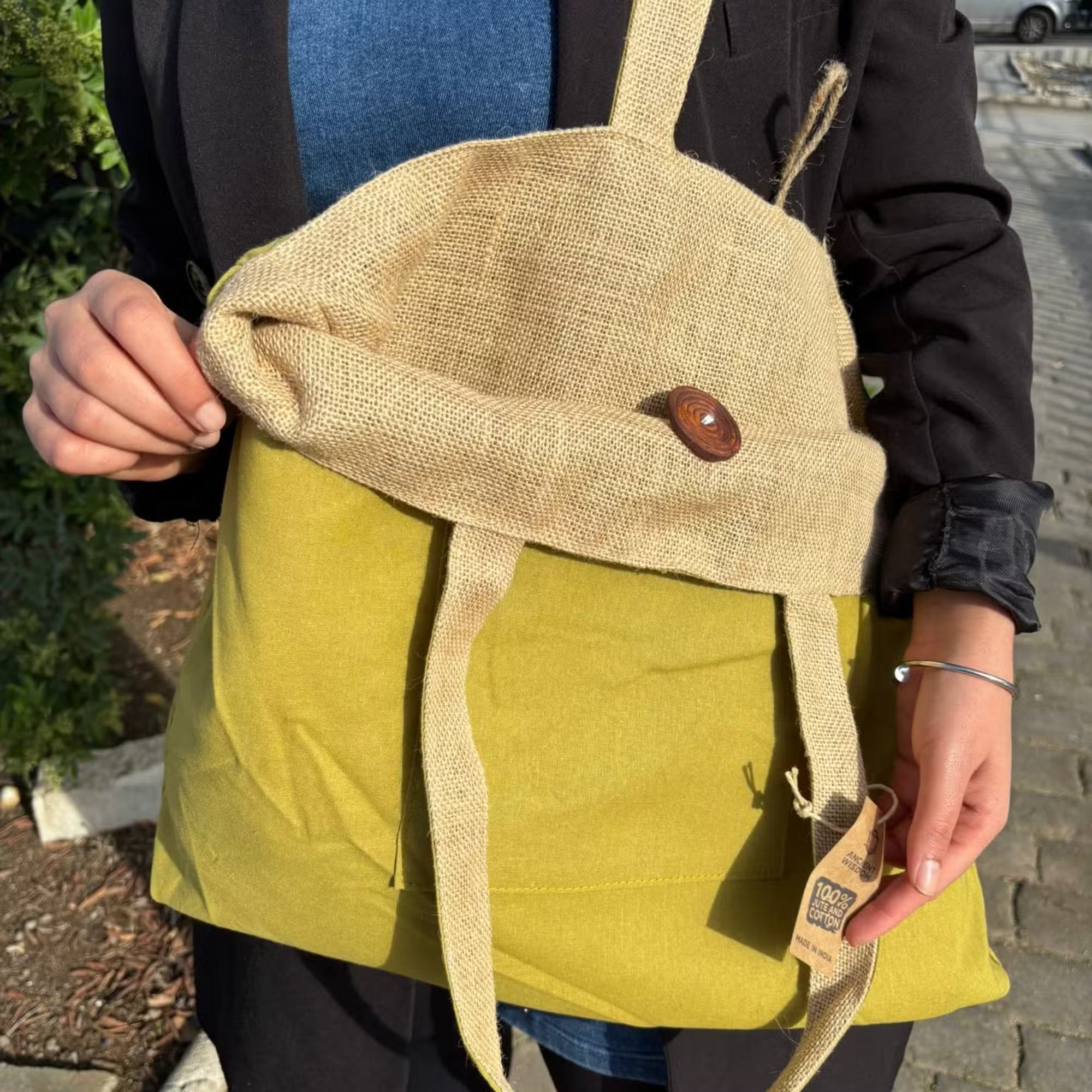 Reversible Tote Bag in Jute & Cotton – Pistachio Green