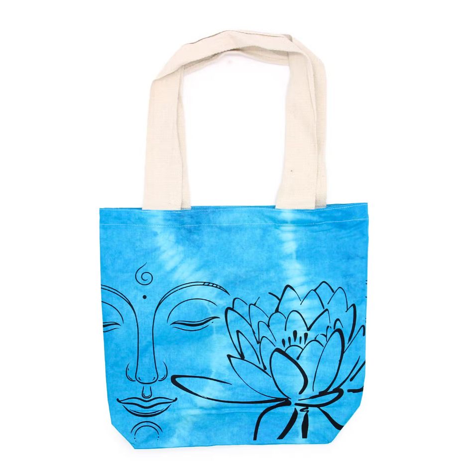 Batik Cotton Bag - Lotus Buddha - Blue - Natural Handle