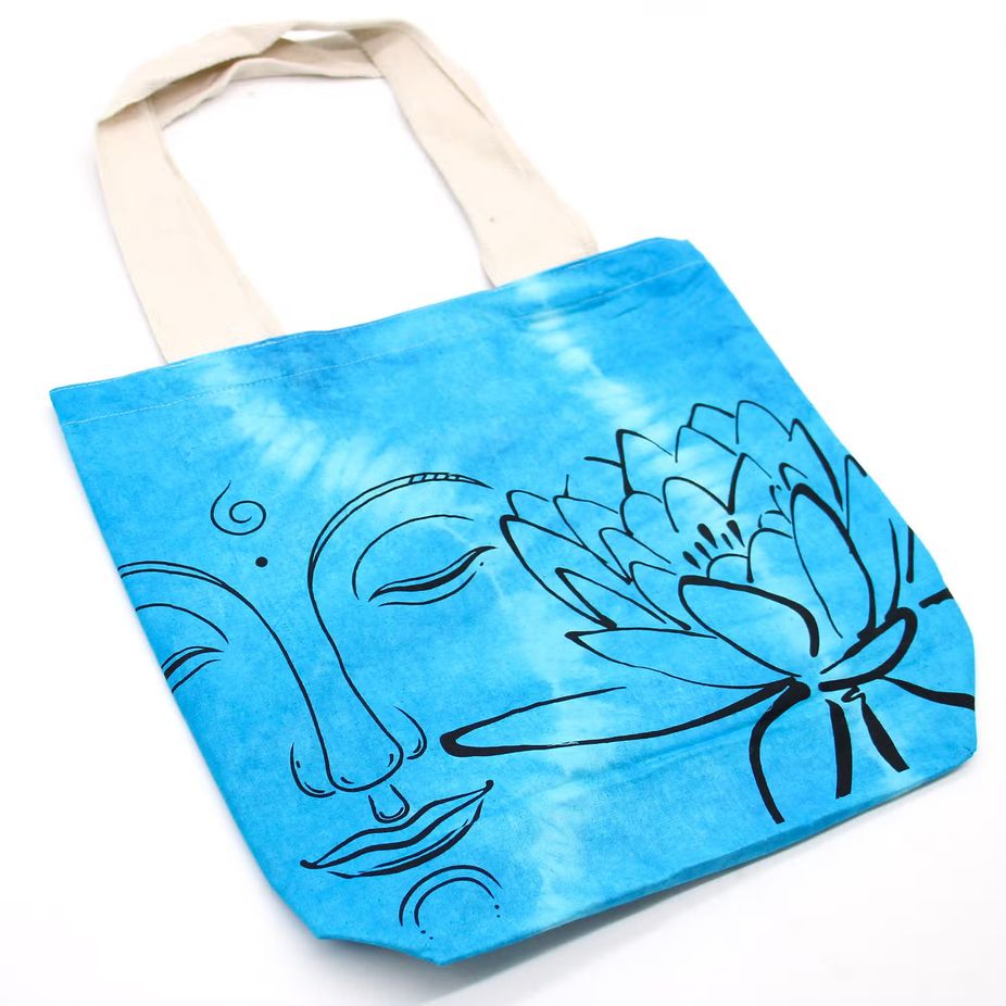 Batik Cotton Bag - Lotus Buddha - Blue - Natural Handle