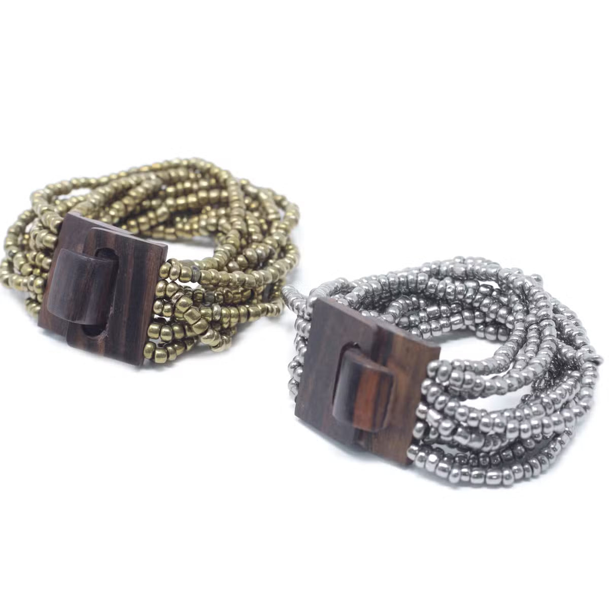 Multi-Pearl Bracelet Set with Wood Clasp - Gold/Silver (Set of 2)