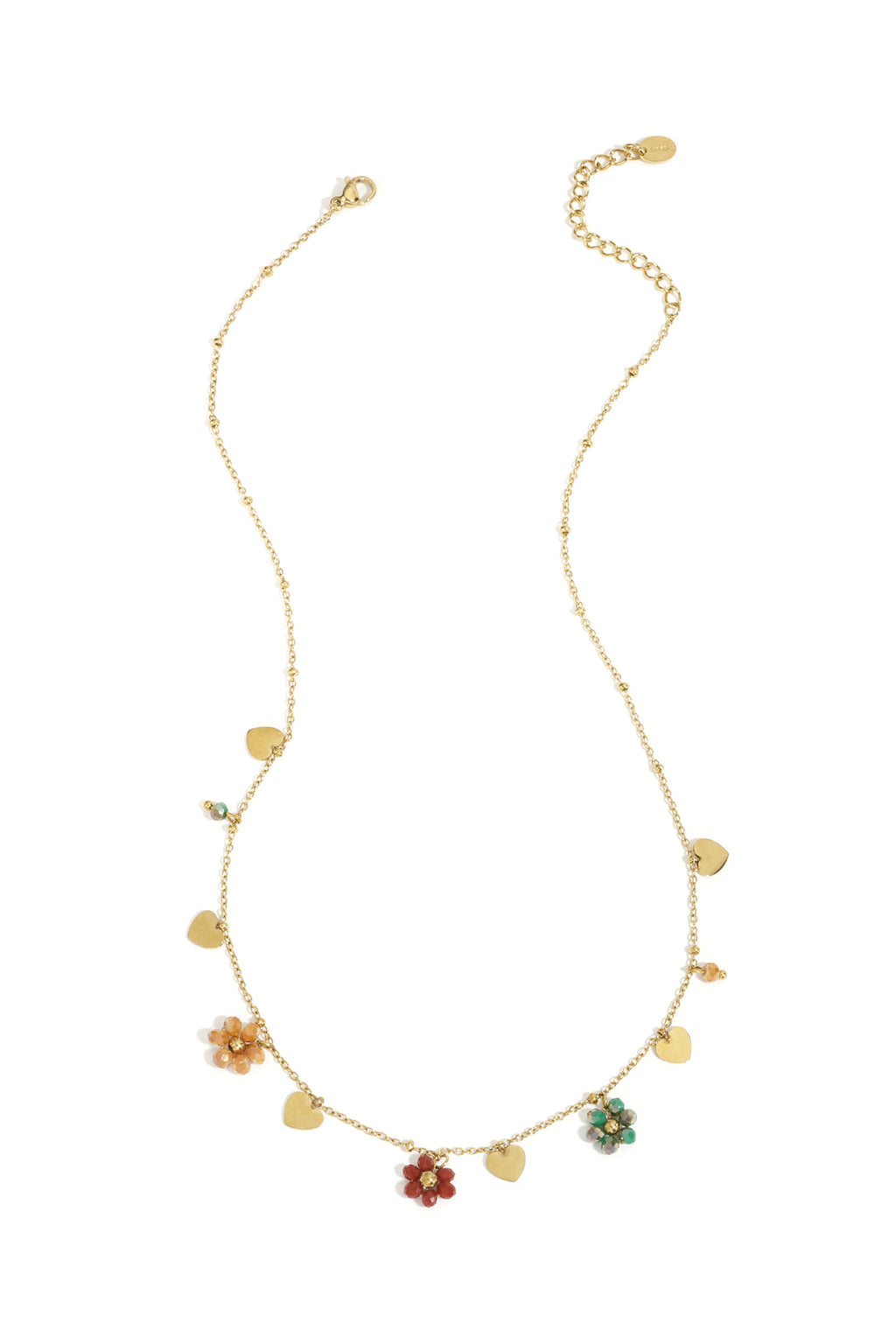 Stainless Steel Necklace - Flower & Heart Charms - Multicolour