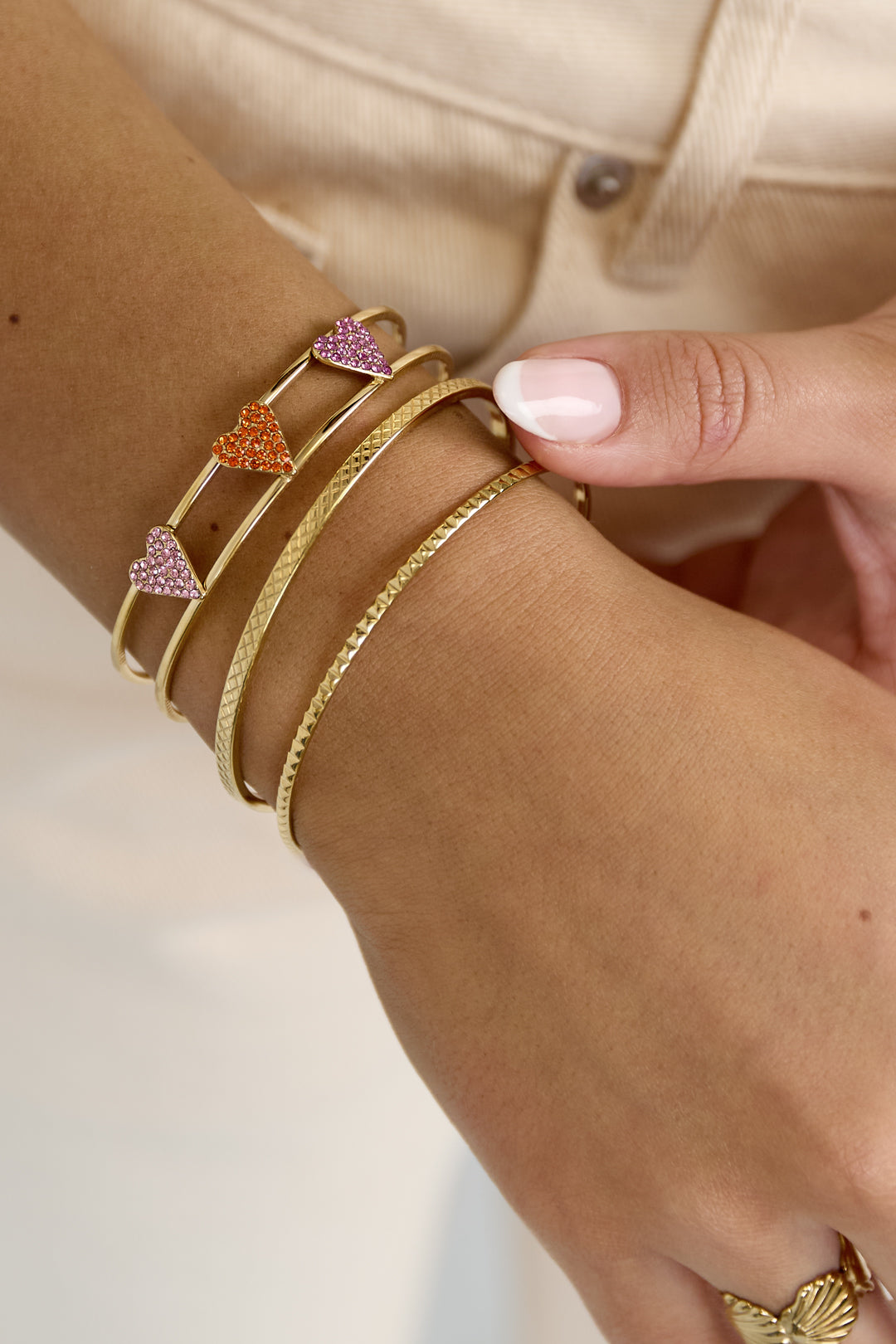 Gold Rhinestone Heart Bangle Bracelet