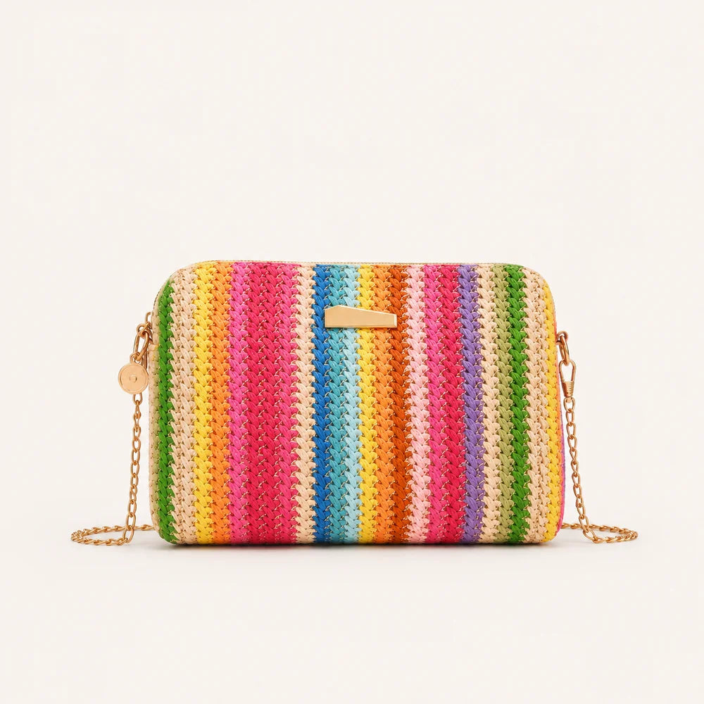 Striped Raffia Shoulder Bag - Woven Multicolor