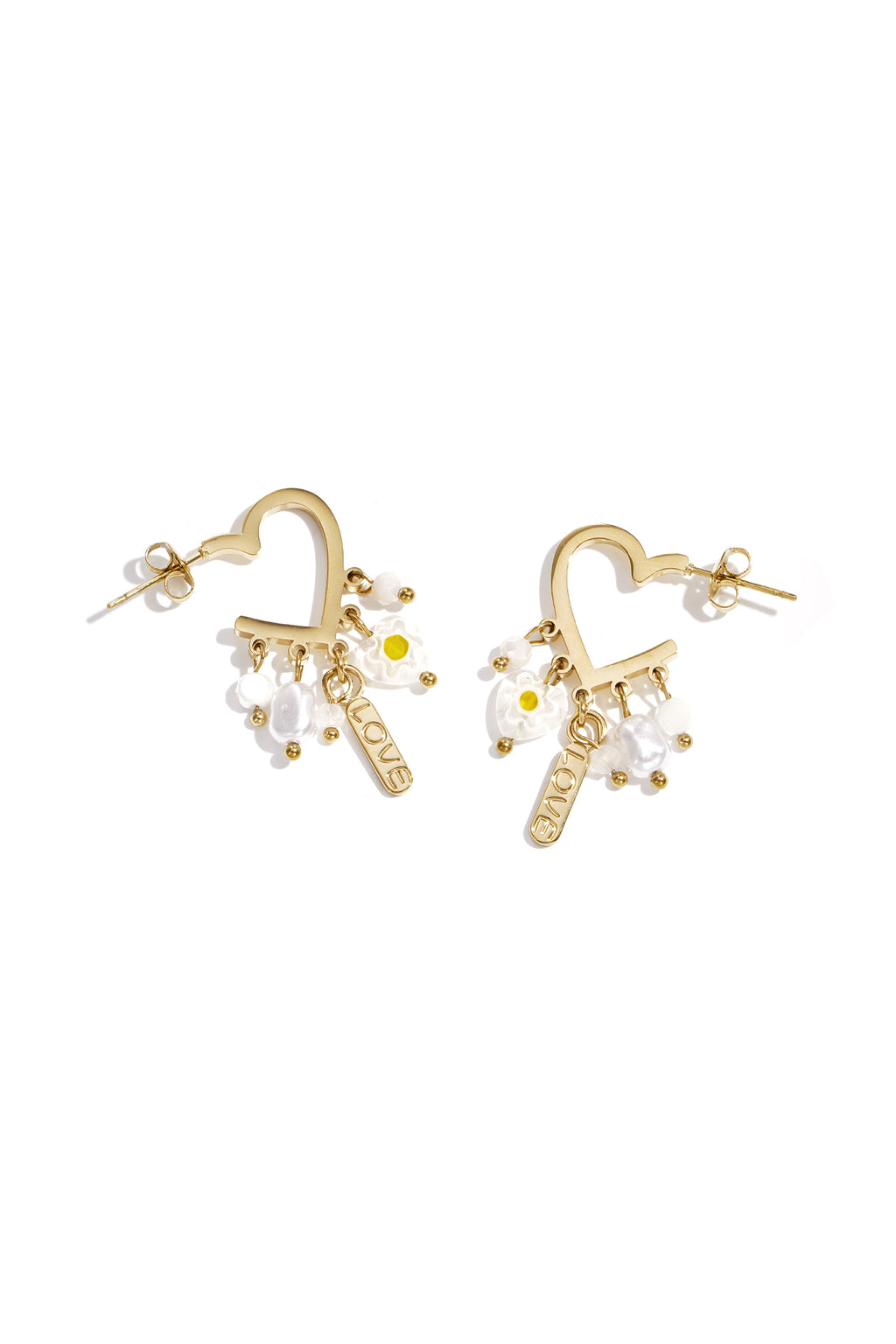 Heart-Shaped Earrings with Hanging Pearls and Charms