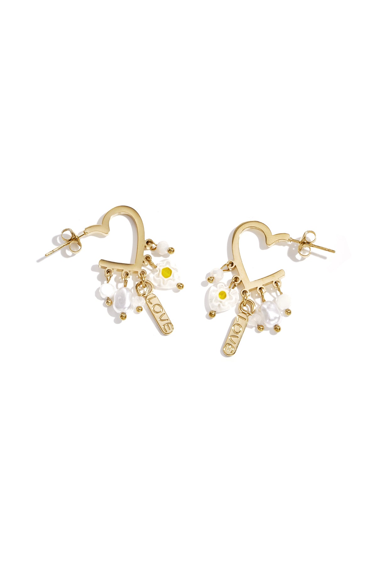 Heart-Shaped Earrings with Hanging Pearls and Charms