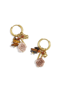 Gold hoop earrings with rose charm, tiger eye stones and heart pendant