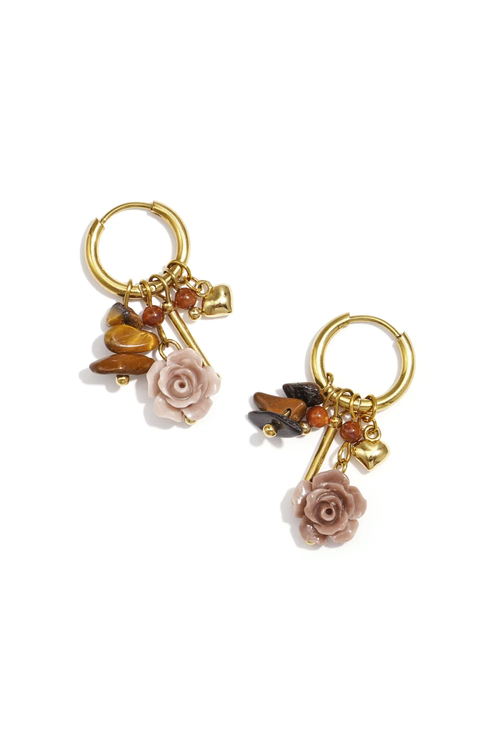 Gold hoop earrings with rose charm, tiger eye stones and heart pendant
