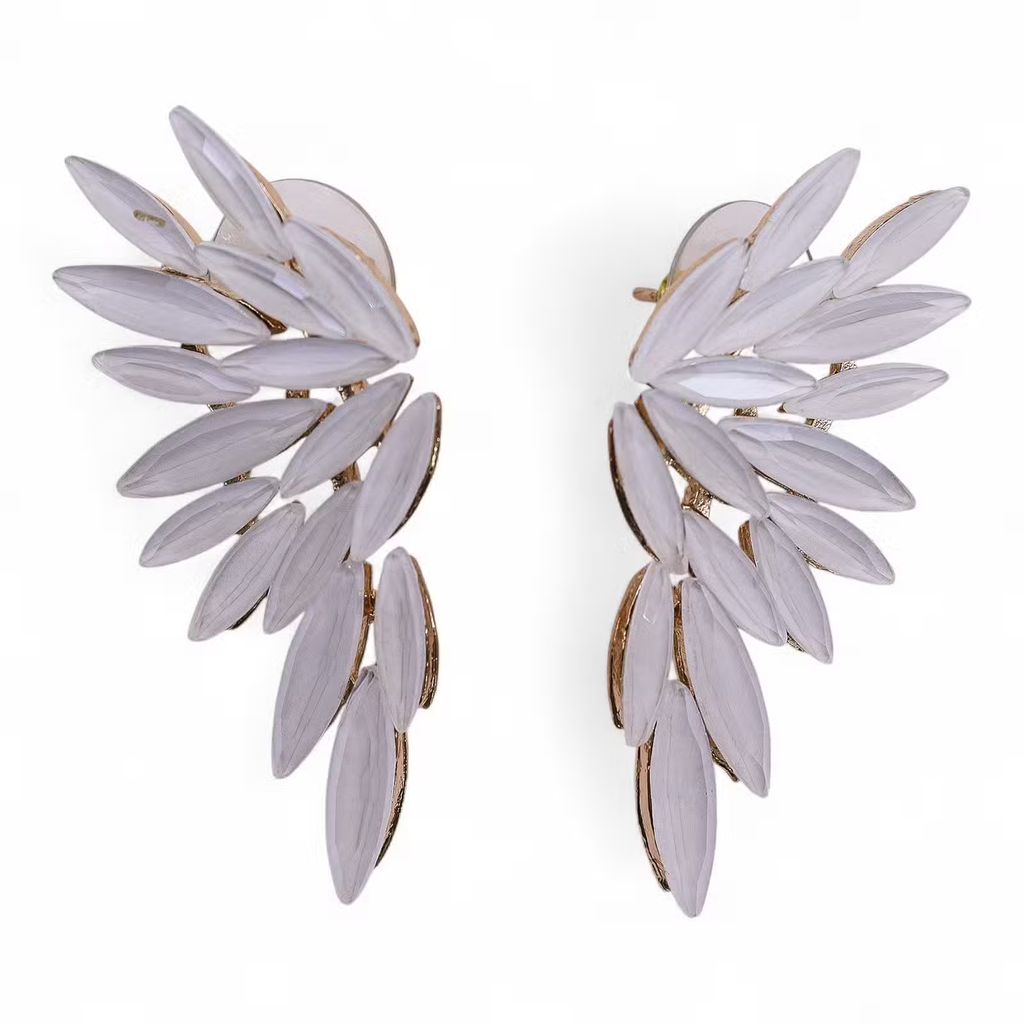 Pearl Angel Wing Glass Drop Earrings - white angel wing earrings with gold details