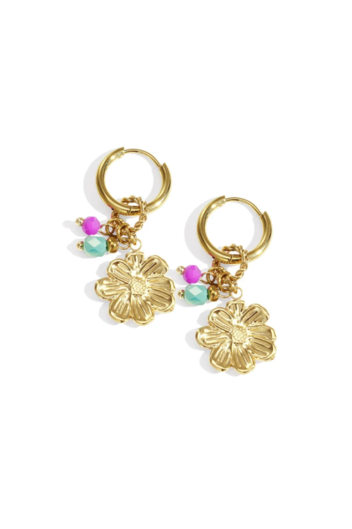 Gold hoop earrings with large gold flower charm and pink and mint crystal beads