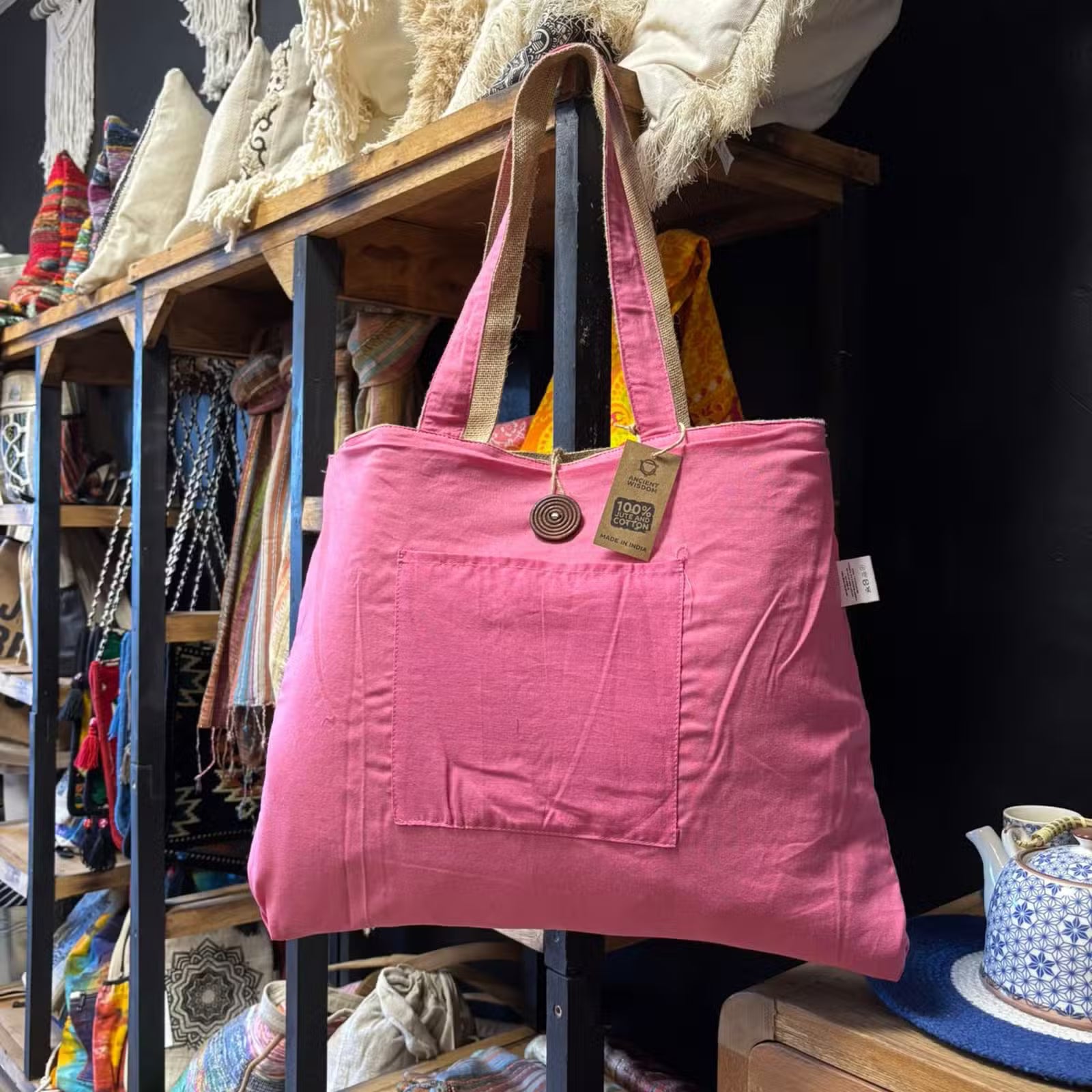Reversible Tote Bag in Jute & Cotton – Pink