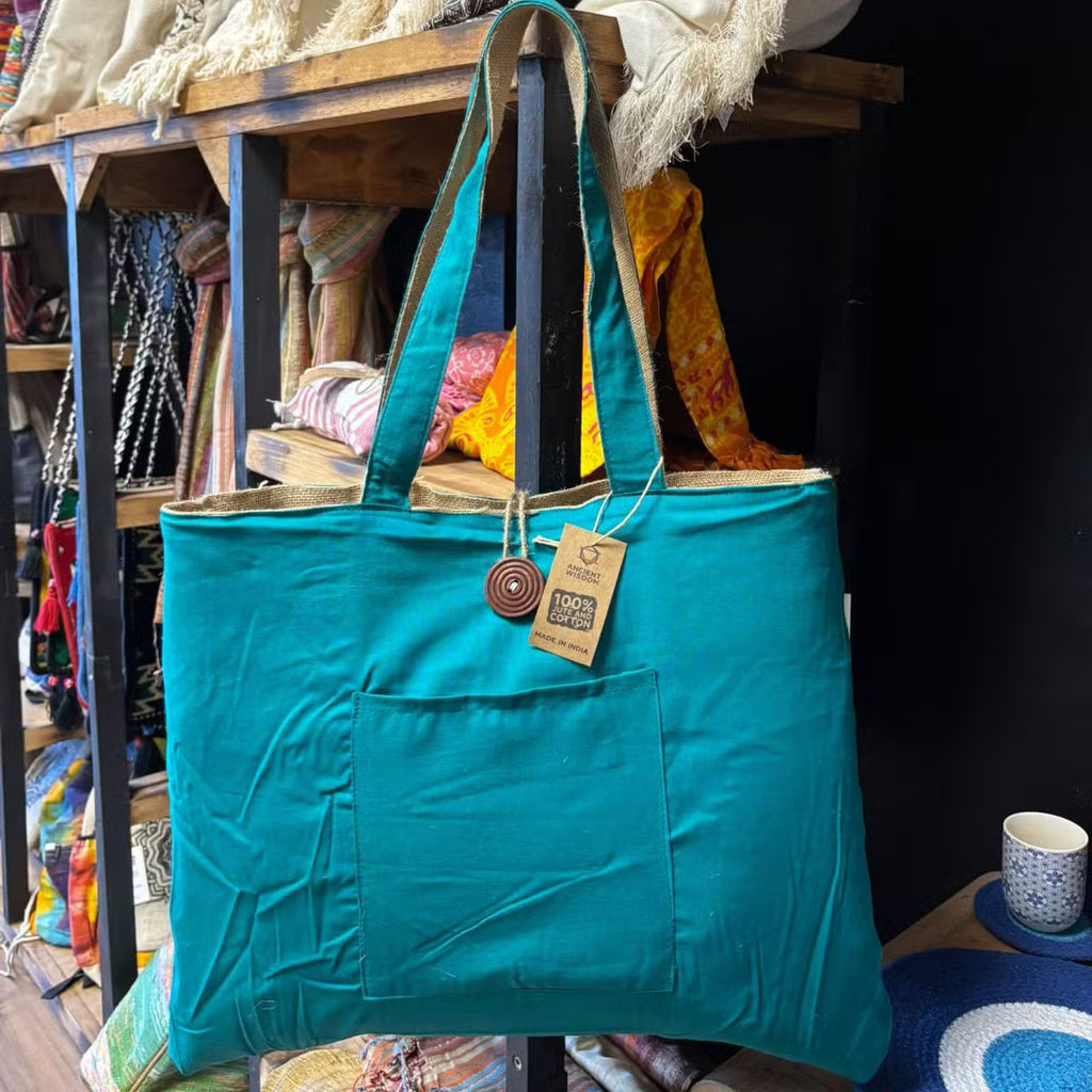 Reversible Tote Bag in Jute & Cotton – Teal